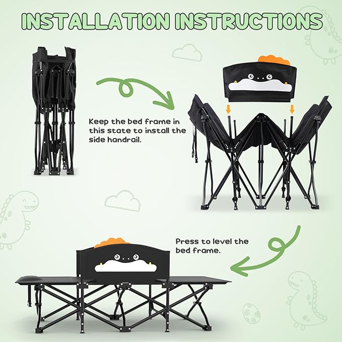 Slendor Toddle Cot, Toddler Portable Bed w/Cartoon Handrail, Blanket (5ft x 4ft), Folding Toddler Cots for Camping, Travel Bed, Extra Long Cot Length 56", Support 330 Lbs, Black