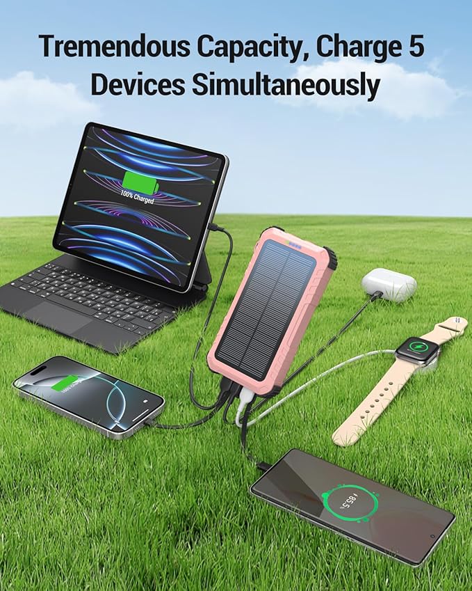Power-Bank-Solar-Charger 45800mAh Fast Charging with 3 Built-in Cables LED Flashlight Portable External Battery Pack Compatible with All Smartphone, Tablet, Drone, Camera, etc.