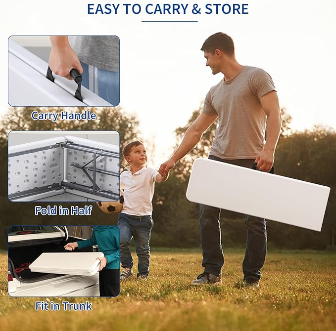 KAIHAOWIN 6FT Plastic Folding Bench White with Carrying Handle Indoor/Outdoor Portable Seat for Picnic, Camping, Dining, Party