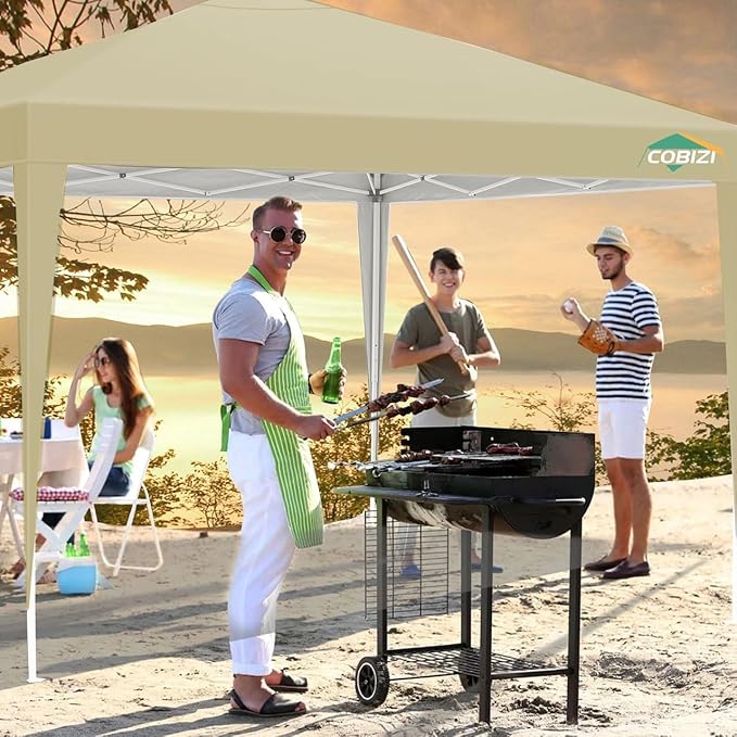 COBIZI 10x10 Pop Up Canopy Tent Without Sidewall, UPF 50+ Waterproof Outdoor Canopy, Instant Tent Portable Canopies Gazebo for Commercial Sun Shade Party Backyard with 4 Sandbags(Khaki)