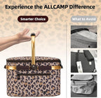 ALLCAMP Picnic Basket - Insulated Cooler, Thickening Foldable Picnic Basket with Removable Baskets & Sewn-in Frame, Basket for House Warming Gifts New Home(Leopard Print)