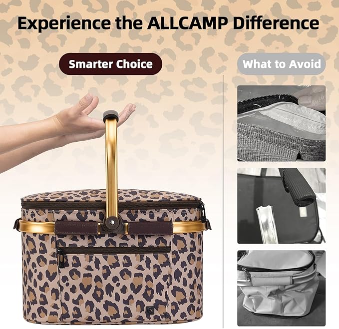 ALLCAMP Picnic Basket - Insulated Cooler, Thickening Foldable Picnic Basket with Removable Baskets & Sewn-in Frame, Basket for House Warming Gifts New Home(Leopard Print)