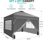 GDY 8x8FT Pop Up Canopy Tent with One Push Setup, Easy to Install with 4-Sidewalls for Events, Parties, Camping, Outdoor Gazebo with 4-Sandbags, Grey.