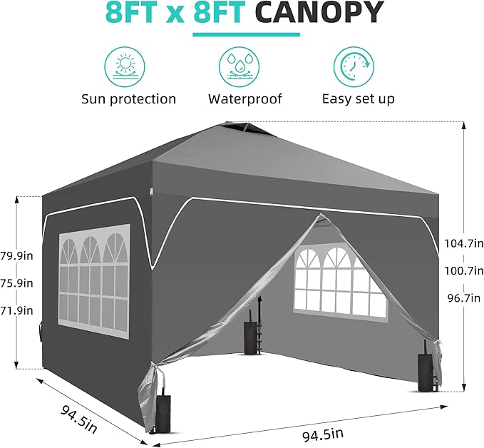 GDY 8x8FT Pop Up Canopy Tent with One Push Setup, Easy to Install with 4-Sidewalls for Events, Parties, Camping, Outdoor Gazebo with 4-Sandbags, Grey.