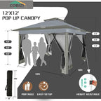COBIZI 12x12 Pop Up Gazebos On Clearance - Upgrade Easy Up Metal Outdoor Gazebo Waterproof - Portable Gazebo with Mosquito Nettings, 4 Ropes 8 Stakes and Carry Bag for Patio Garden(Dark Gray)