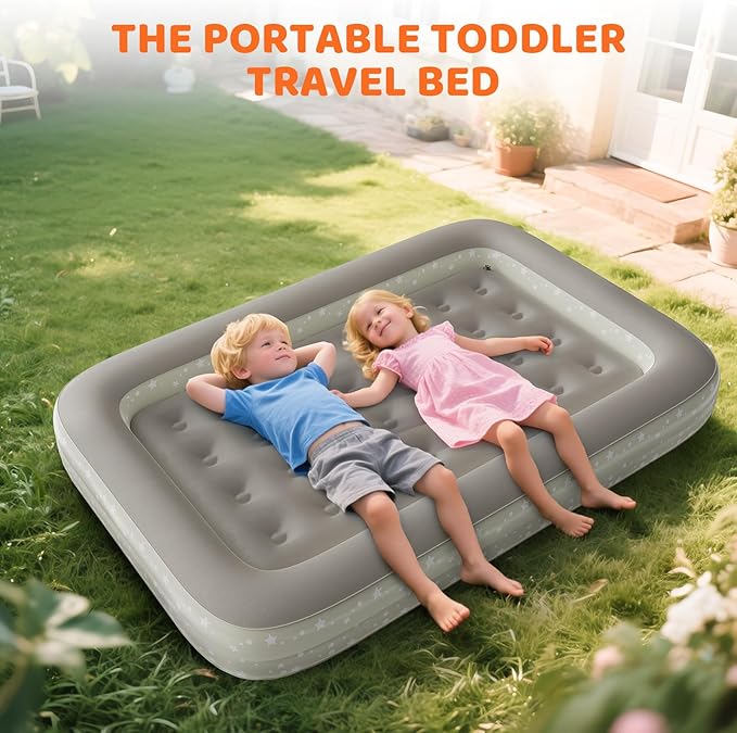 Inflatable Toddler Travel Bed: Portable Blow Up Travel Toddler Bed with Safety Sides - Toddler Air Mattress with Electric Pump ＆ Carry Bag,Ideal for Sleeping and Outdoor Camping (Beige, 60")