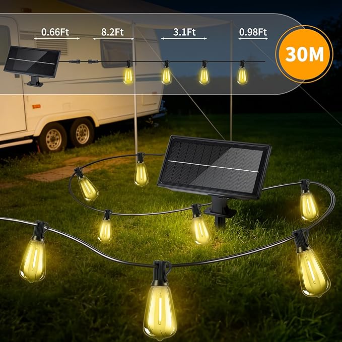 Outdoor Solar String Lights Waterproof: ST38 100ft Shatterproof Patio Lights - Solar Powered & USB Dual Charging - 3 Modes Button Control - Garden Backyard Gazebo Porch Party Decor