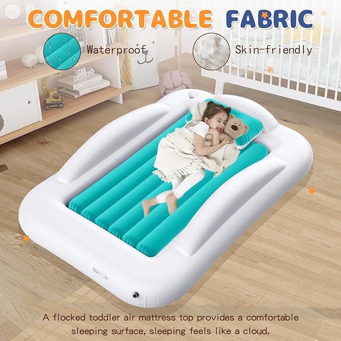Inflatable Toddler Travel Bed - Portable Toddler Kids Travel Bed with Safety Sides Complete Kids Air Mattress Set with High-Speed Pump, Ideal for Vacation Camping and Sleepover (60 Inches)