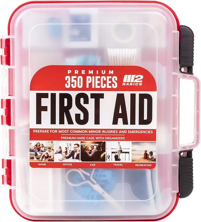 M2 BASICS Professional 350 Piece First Aid Kit, Wall Mountable Dual Layer Hard Case for Business, Home, Car, Vehicle & Work