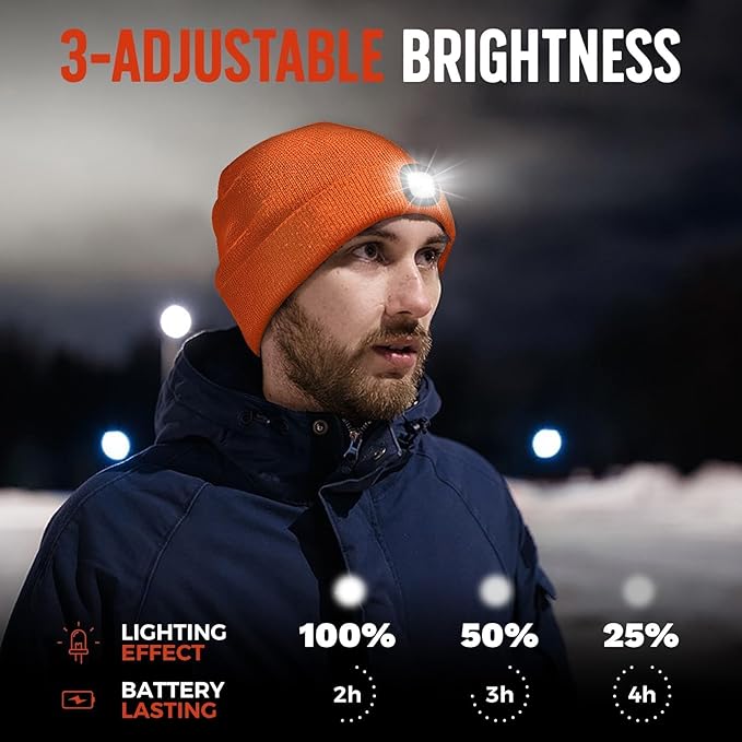 Unisex Beanie Hat with Light, Rechargeable Headlight Cap, Valentines Day Gifts for Him, Cool Gadget Gifts for Him, Birthday Gifts for Women, Gifts for Men, Orange