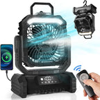 Odoland Portable Misting Fan with Light, 30000mAh Rechargeable Battery Camping Fan with 2 Spray Mister, Outdoors Tent Ventilador with Remote and Hook for Indoor Cooling Hiking Patio, Black