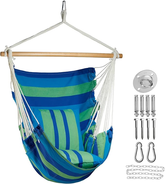 Hammock Chair Hanging Swing Include 2 Cushions and Hardware Kits, Max 330Lbs, XL Hanging Chair for Indoor Outdoor Patio Yard - Blue & Green Stripe