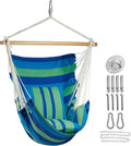 Hammock Chair Hanging Swing Include 2 Cushions and Hardware Kits, Max 330Lbs, XL Hanging Chair for Indoor Outdoor Patio Yard - Blue & Green Stripe