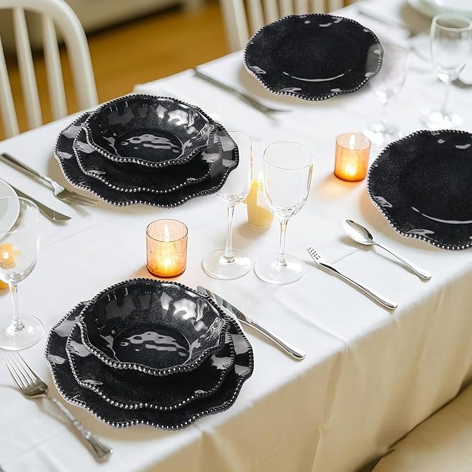 Melamine Dinnerware Sets Service for 4, Black Plates and Bowls Set with Beaded Edge, BPA Free Dishwasher Safe, Heavy Duty Shatterproof Unbreakable Tableware for Hallowmas Party Camping Outdoor