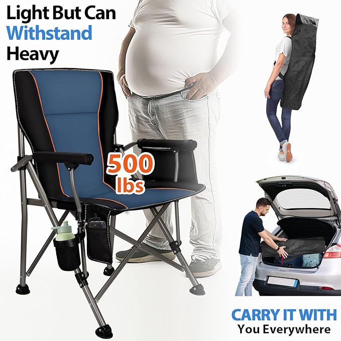 Heated Camping Chair with 20,000 mAh Battery, Loog-Lasting for 500 Mins, Fully Padded Heated Camp Chairs, Heavy Duty Folding Chairs Supports 500 lbs for Winter Camping, Picnics, Tailgating, RV Travel
