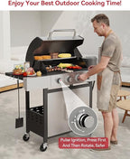 Aoxun 4-Burner Propane Grill with Side Burner, 49000 BTU Gas Grill, Stainless Steel Outdoor Grill with Cast Iron Grates & Side Tables for Backyard, Patio, Camping, Black and Silvery