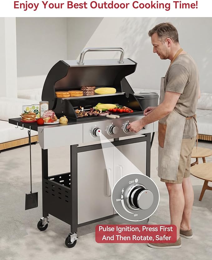 Aoxun 4-Burner Propane Grill with Side Burner, 49000 BTU Gas Grill, Stainless Steel Outdoor Grill with Cast Iron Grates & Side Tables for Backyard, Patio, Camping, Black and Silvery