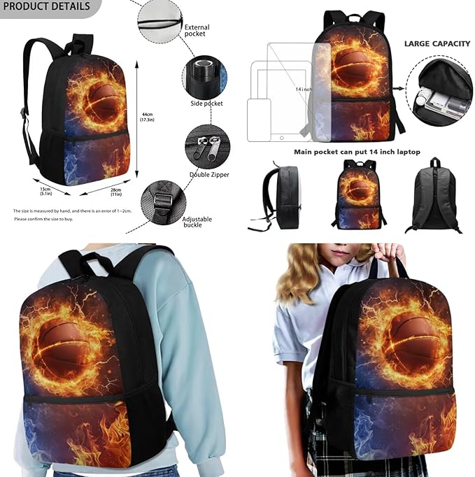 Rnyleeg Fire Basketball Backpack for Boys with Lunch Box Cool Boys Bookbag Age 8-10 Portable School Bag Set 3 Pack for Primary Students Casual Sackpack