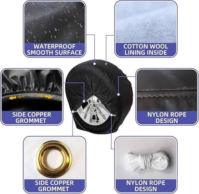 Rough Vinyl Tire Covers 4 Pack, Waterproof Wheel Protectors with Lining for RV, Travel Trailer, Camper, Motorhome, SUV, Car, Truck, Boat Trailer (Black, XL - Fits Tire Diameters 33"-35")