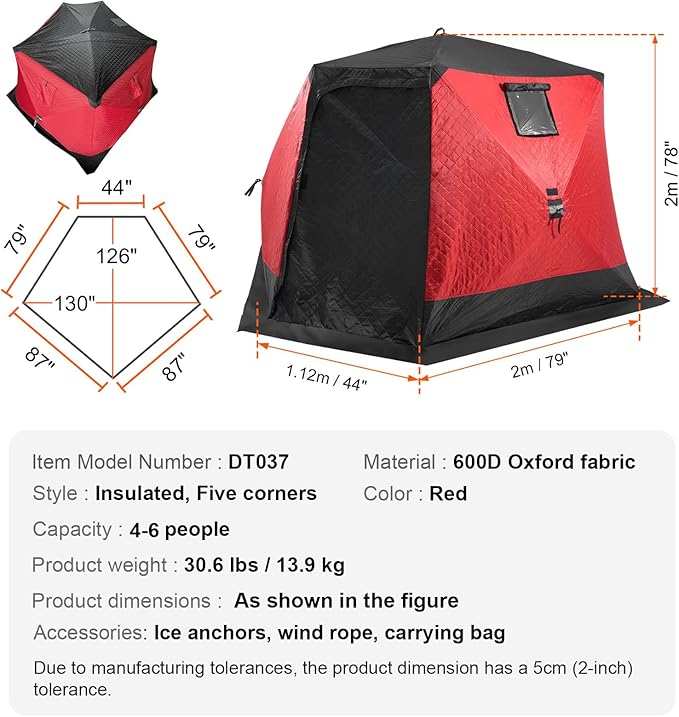 VEVOR Portable Pop-Up Tent, 1-8 Person Insulated Shelter, Large Fishing Area, Hub-Style Shanty for Winter Fishing, Waterproof Oxford Ice Cube with Anchors/Ropes/Carrying Bag