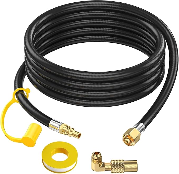 12 FT RV 1/4'' Quick Connect Propane Hose,3/8 Female Flare Nut for Camp Chef Explorer, Fire Bowl Camping Stove Grill Fire Pit Heater,with Elbow Adapter for Blackstone Griddle 17"/22"