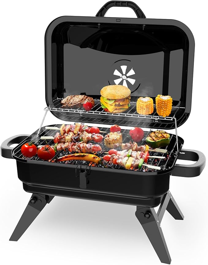 Portable Charcoal Grill with Warming Rack, Small Tabletop Barbecue Grill, Foldable Legs, Adjustable Vent, Total 343 Sq. In.Cooking Space, Outdoor BBQ Grill for Camping and Picnics (Black)