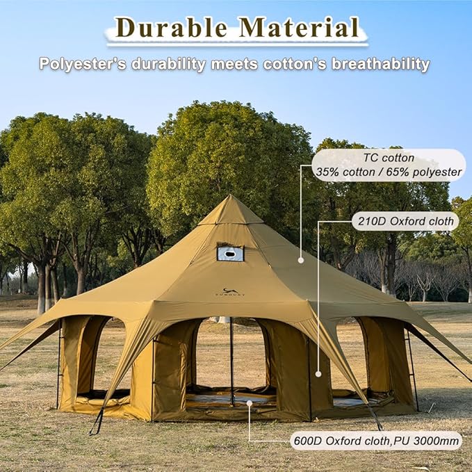 TOMOUNT Canvas Bell Tent Wall Tent with Stove Jack for Camping Glamping Yurt Dia.16.4ft*9.2ft