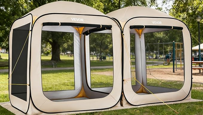 VEVOR 12x6ft 2-in-1 Pop-Up Screen House Tent, Dual Room Screen Gazebo, Portable Screened Canopy with Carry Bag, Netting Sides & Ground Stakes for Garden, Patio, Backyard & Outdoor Activities, Beige