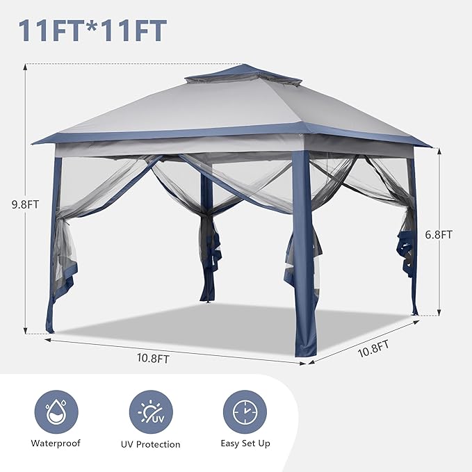 Saemoza 11x11 Pop Up Camping Shelters Tent, Outdoor Tent with Netting, Outdoor Shelters for Backyard, Screen House with Wheeled Cover Bag, Blue.
