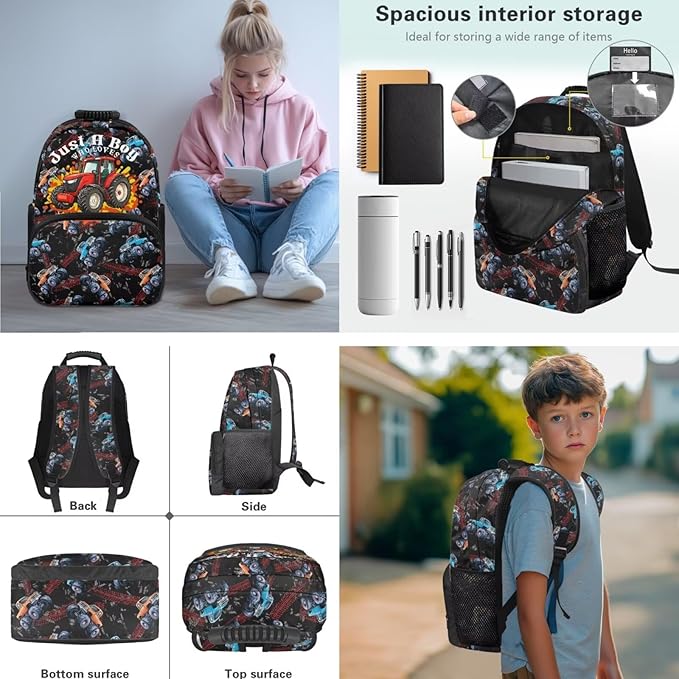 Boys Bookbag Age 8-10 6-8 Truck Backpack and Lunch Box Set Boys Kids School Backpack Elementary 17 Inch Back Pack Lightweight Travel Rucksack