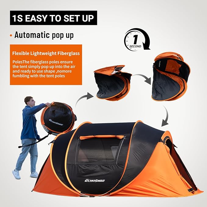 EchoSmile Instant Pop Up Camping Tent, 2/4/6 Person, Easy Setup Tent, Water Resistant Dome, Portable with Carry Bag