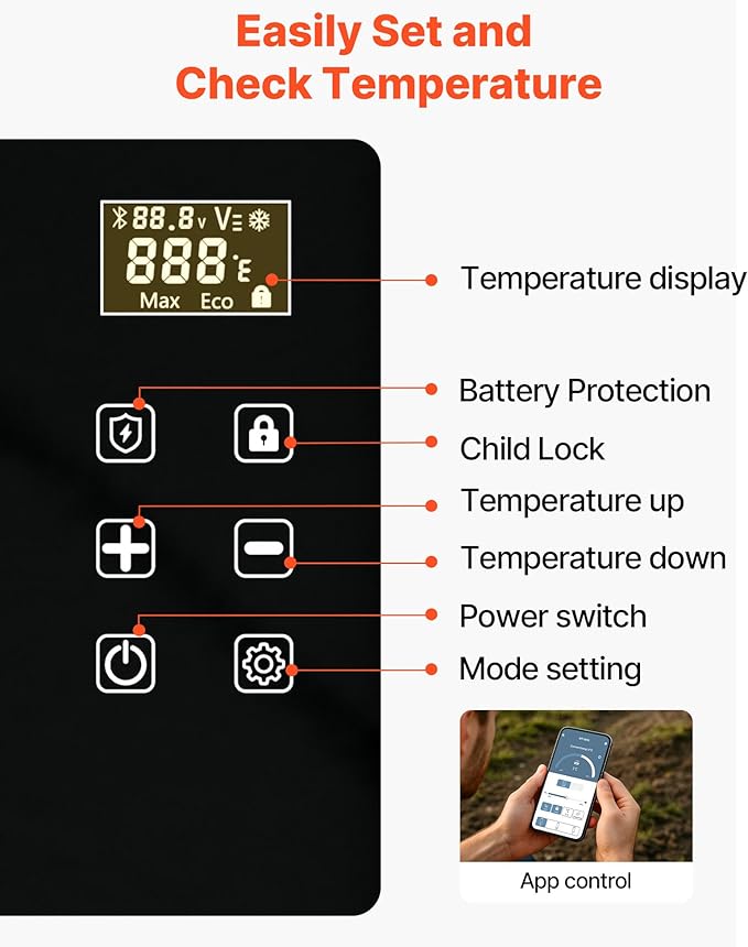VEVOR Car Refrigerator, DC 12/24V AC100-240V Compressor Electric Cooler, -4°F to 68°F Car Fridge with APP Control, 23 QT Cars Freezer for RVs, Campsites, Boats, Camping, Fishing, 45W Portable Freezer