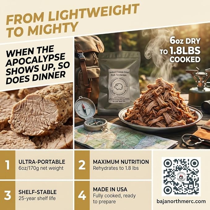 Cooked Freeze-Dried Pulled Pork Tenderloin | 6oz makes 1.8 lbs Rehydrated | Designed for Backpackers, Campers, Survivalist, Hunters and Emergency Preparedness | Made in USA to Include Food Certified Packaging