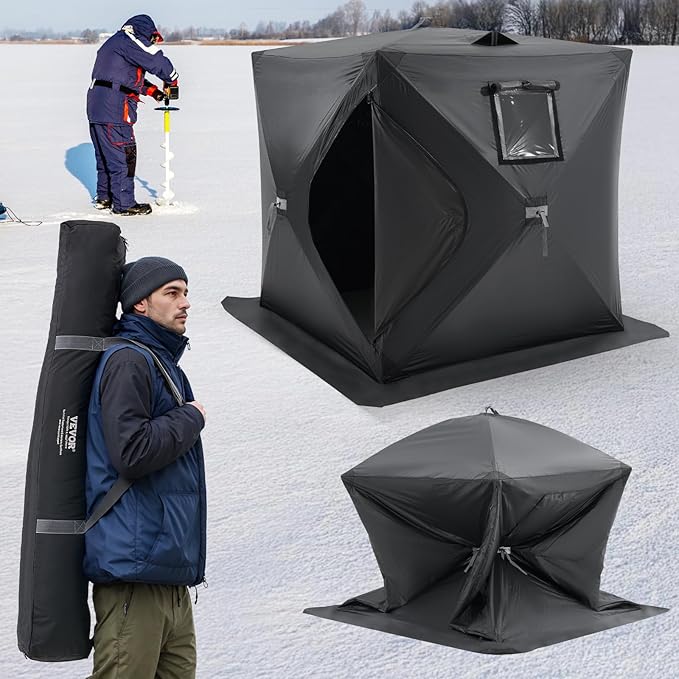 VEVOR Portable Pop-Up Tent, 1-8 Person Insulated Shelter, Large Fishing Area, Hub-Style Shanty for Winter Fishing, Waterproof Oxford Ice Cube with Anchors/Ropes/Carrying Bag