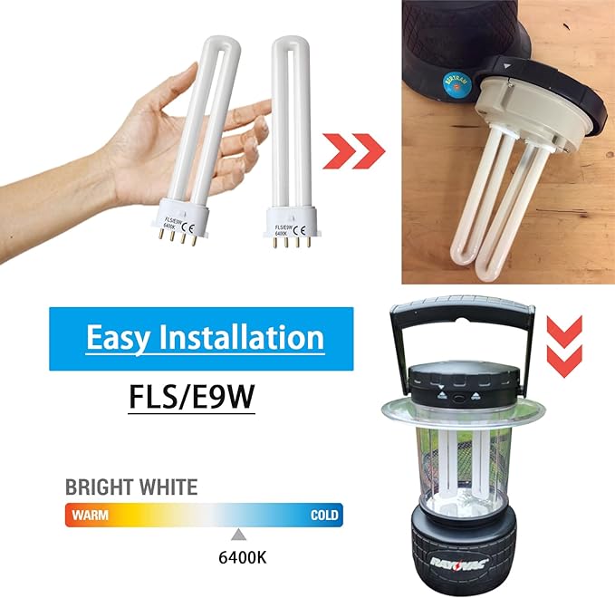 (2PACK) FLS/E9W Fluorescent Bulb,Replacement for Camping Lantern Bulb,4 Pin 2G7 Base,5.5 inch Special Size,6400K