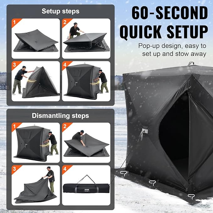 VEVOR Portable Pop-Up Tent, 1-8 Person Insulated Shelter, Large Fishing Area, Hub-Style Shanty for Winter Fishing, Waterproof Oxford Ice Cube with Anchors/Ropes/Carrying Bag