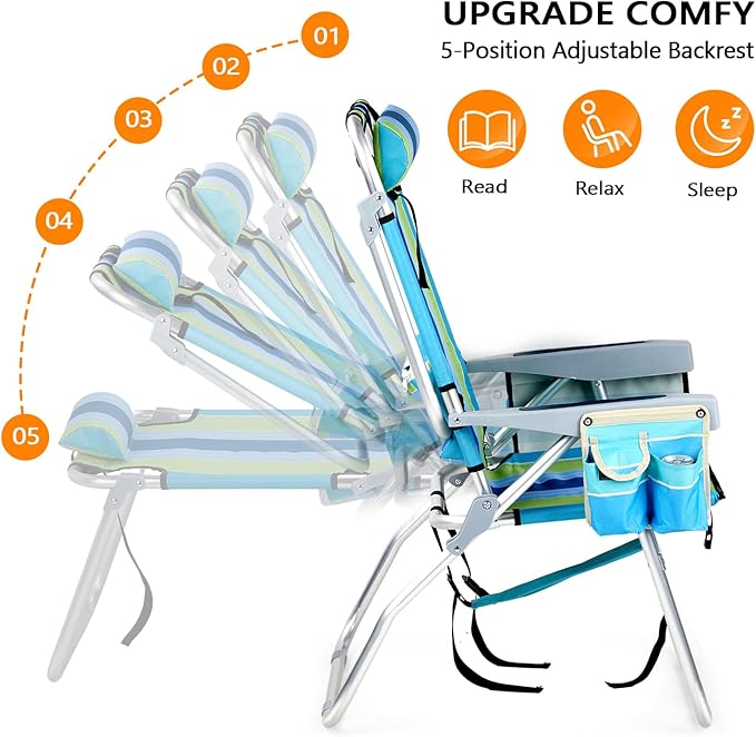 VINGLI Tall Beach Chair 2 Pack Lightweight, Backpack Beach Chair for Adults with 5-Position, Cooler Bag, Cup Holders, Towel Bar, Lightweight Folding Beach Camping Chairs （Blue/Green-16