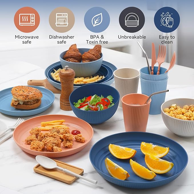 Wheat Straw Dinnerware Sets,64-Piece Plates and Bowls Sets for 8-Unbreakable,Reusable Plastic Dish Set-Dinner Plate/Dessert Plate/Cereal Bowl/Cup/Utensils-Microwavable Dishwasher Safe 64P-Deep Blue