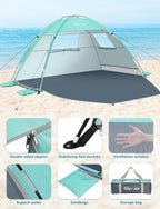 Glymnis Beach Tent Sun Shelter for 4 Person with UPF 50+ UV Protection, Lightweight & Easy Setup Beach Shade Canopy with Vent Windows & Zippered Door - Green