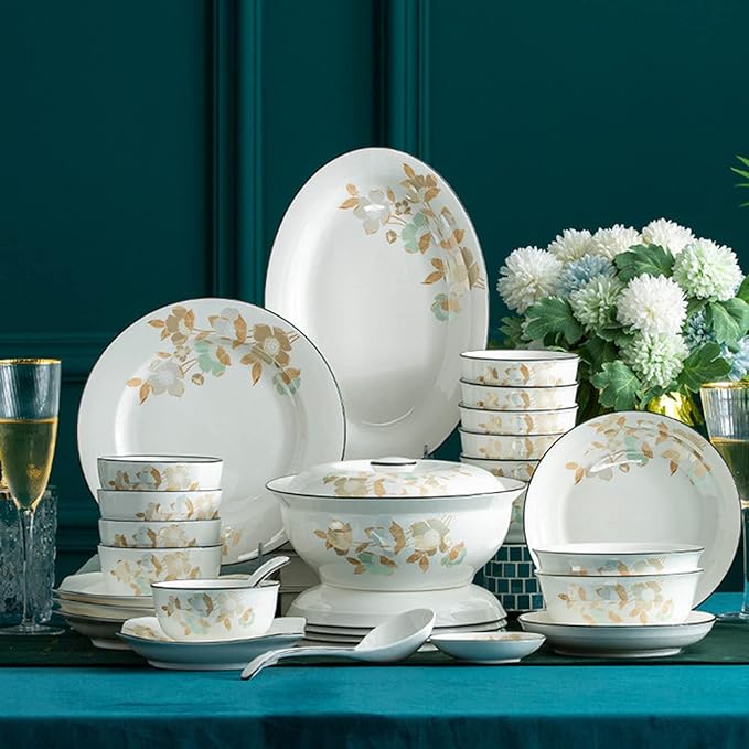 Milky White Porcelain Tableware Set Home Simplicity Combination Tableware Set of Bowls Dessert Plates Soup Plates Dinner Plates 56 Piece Set