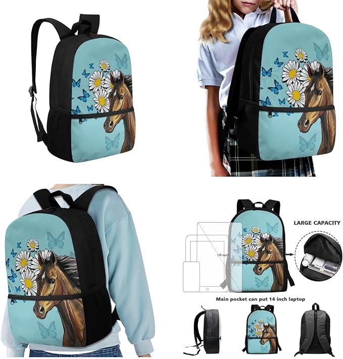 Daisy Butterfly and Horse Patterns 3 Pieces Book Bag Set with Large Capacity Pencil Case Lunch Bag, Study Supplies for Boys Lightweight Stylish Cool School Bag Gift