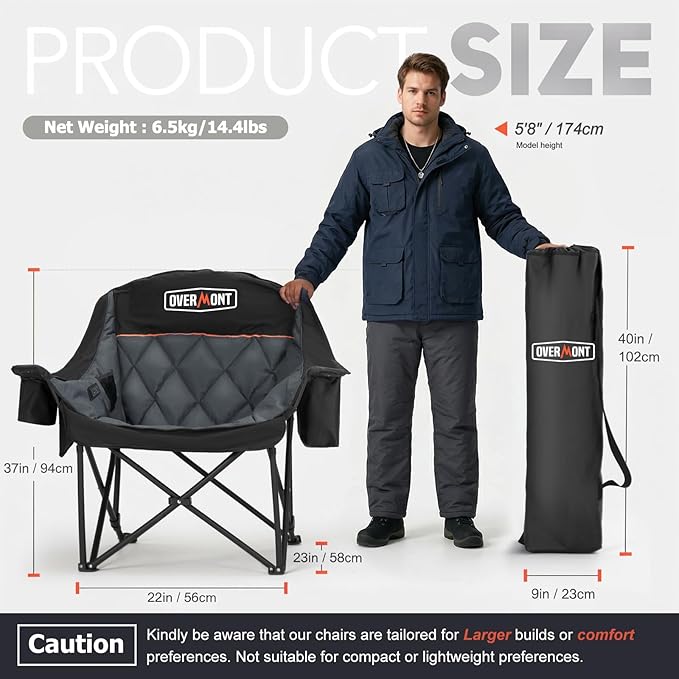 Overmont 2PCS Oversized Camping Chair for Adults - 400lbs Support Heavy Duty Padded Folding Chair with Cooling Bag Cup Holder Side Pocket Carry Bag - Comfortable Portable for Outdoor Garden Sports