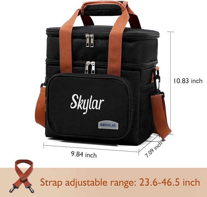 ‌Personalized Insulated Lunch Box for Men & Women - Reusable Leakproof Cooler Bag with Custom Embroidery Name, Expandable Compartment, Adjustable Strap for Work, Picnic, Camping (Black)
