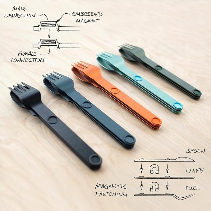 FULL WINDSOR Magware Camping Set - Travel Utensils for Outdoor Dining, Backpacking & Camping Essentials - Knife, Fork & Spoon with Pouch - Magnetic Silverware Lunchbox Utensils Cutlery - Black (3 PCS)