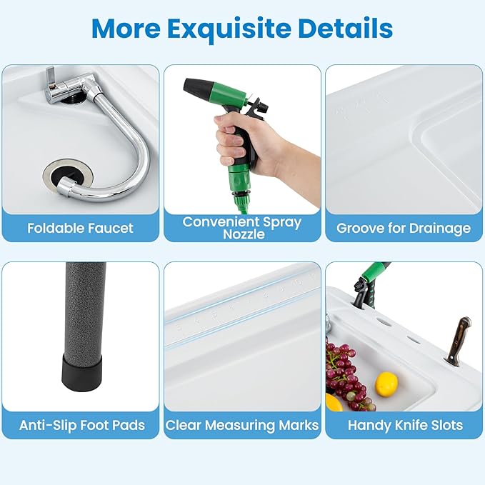 Goplus 42.5'' Folding Fish Cleaning Table with Sink and Spray Nozzle, Portable Camping Sink Table with Faucet, Drainage Hose, Grid Rack, Knife Groove, Outdoor Fish Fillet Cleaning Station for Picnic