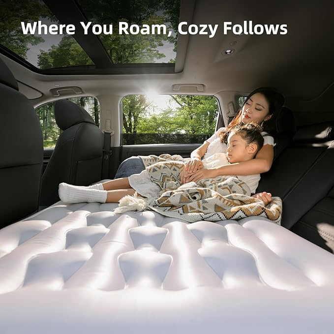 Car Back Seat Air Mattress - Universal Fit SUV/Sedan, Inflatable Camping Mattress with Built-in Pump & Air Support Column, Portable True Flat Gap-Filling Car Bed for Sleeping Roadtrip Travel