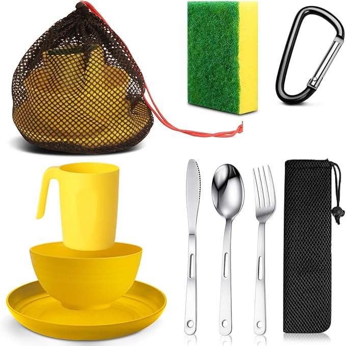 Scout Camping Mess Kit for Person Boy Scout Dishes Set Girl Scout Mess Kit with Mesh Bag Reusable Light Weight Eating Utensils Plastic Camping Cutlery Set for Travel Camp