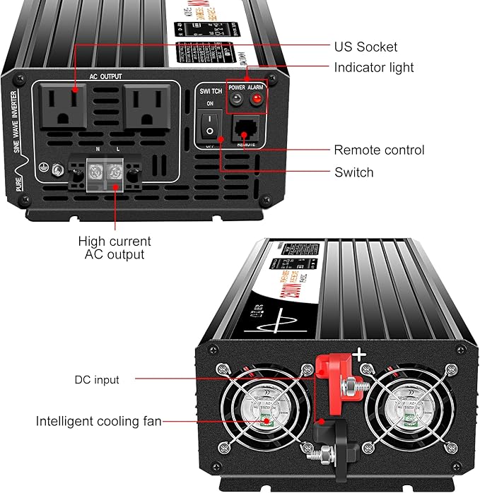 Xijia 2500W Pure Sine Wave Inverter，48V to 120V AC Converter for Home，Solar Systems，Remote and Bluetooth Control for Truck，Camping，with 2 US AC Socket，Surge Power 5000W