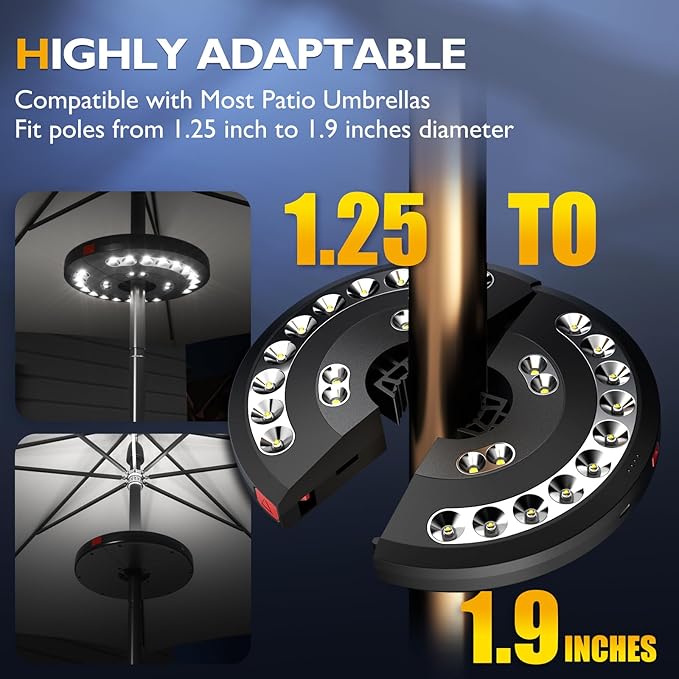 Eletorot Patio Umbrella Lights-Rechargeable Outdoor Lights for Patio Decor, Patio Table Lights Pole Light 28 LED 3 Lighting Modes, Patio Lighting Pool Accessories, Patio Backyard Decor