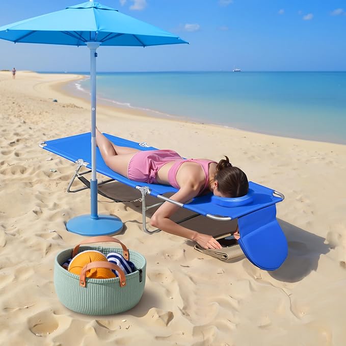 WLIVE Beach Lounge Chair for Adults, 4-Position Folding Tanning Chairs with Face Hole, 2 Legs Support Portable Outdoor Chair for Beach, Pool, Blue